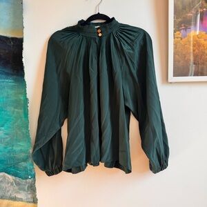 More Oliver Silk Forest Green Mock Neck Button Detail Long sleeve Blouse Medium